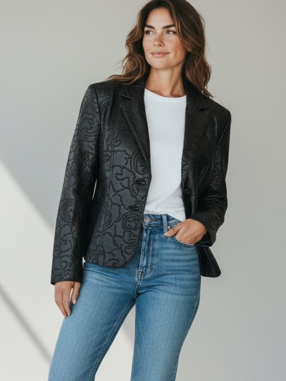 B&J Women Black Paisley Embossed Textured Button Lined Blazer Jacket Size L